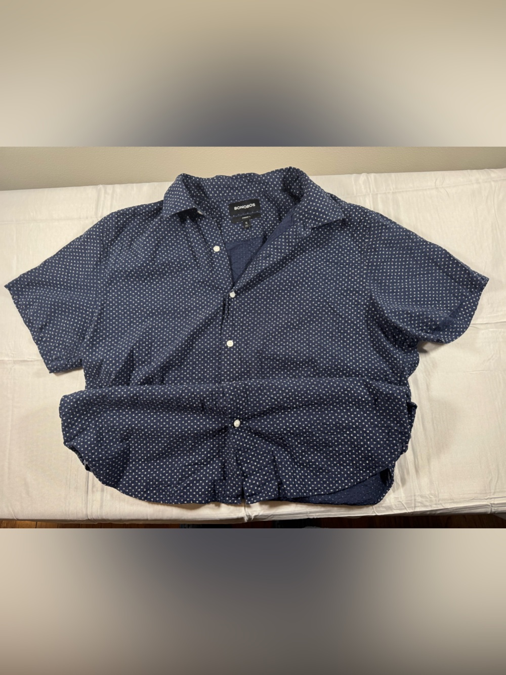 Navy blue Bonobos button-up shirt with white polka dots, size XL.